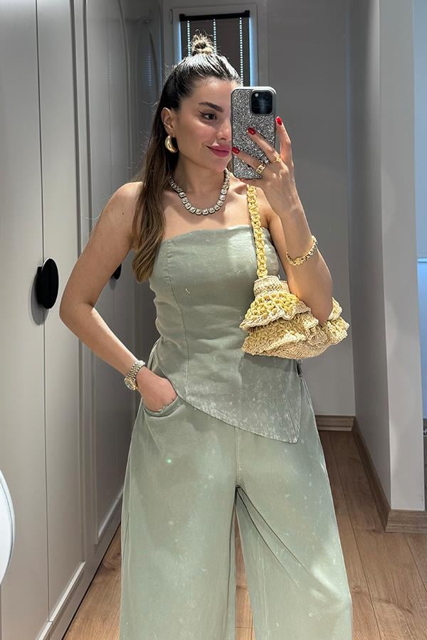 Holiday Yıkamalı Crop Pantolon Takım - Haki