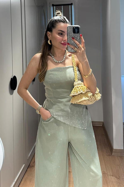 Holiday Yıkamalı Crop Pantolon Takım - Haki