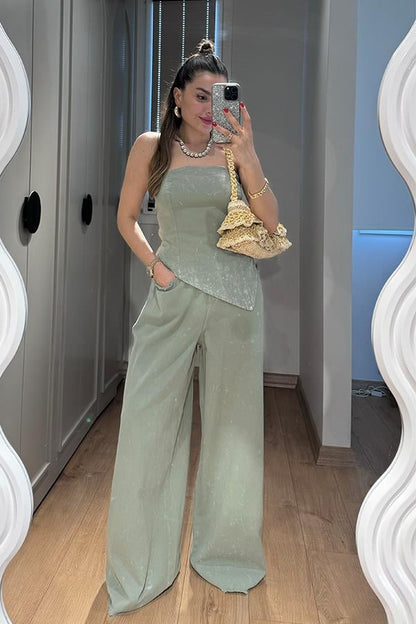 Holiday Yıkamalı Crop Pantolon Takım - Haki