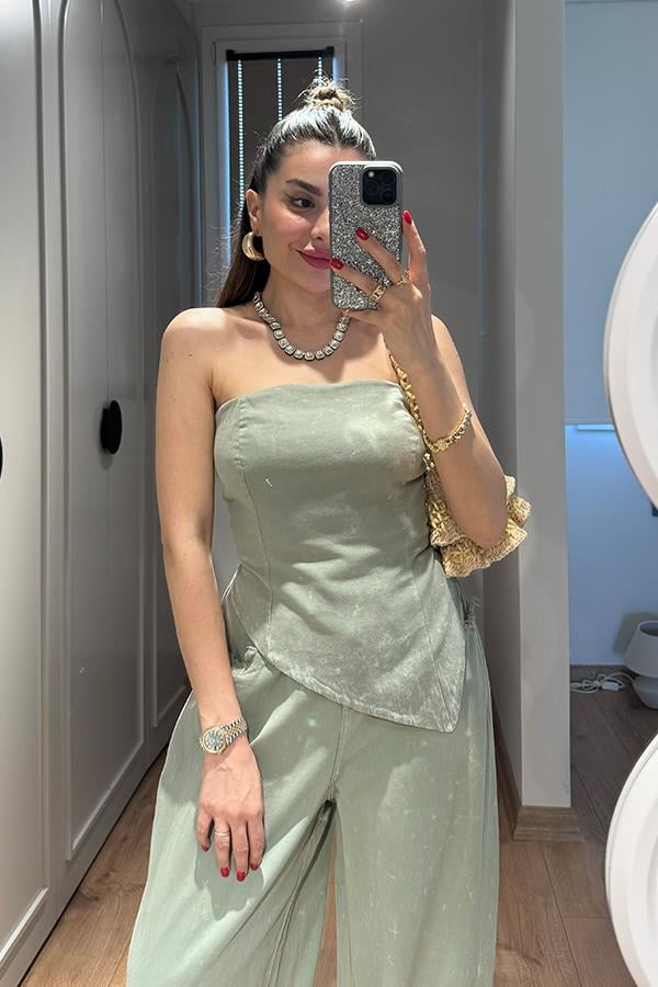 Holiday Yıkamalı Crop Pantolon Takım - Haki