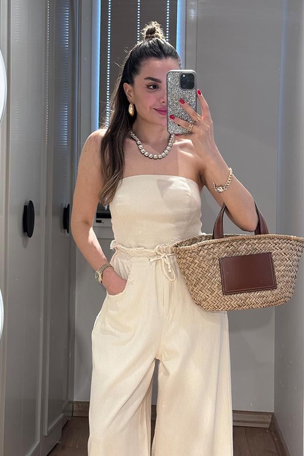 Holiday Yıkamalı Crop Pantolon Takım - Krem