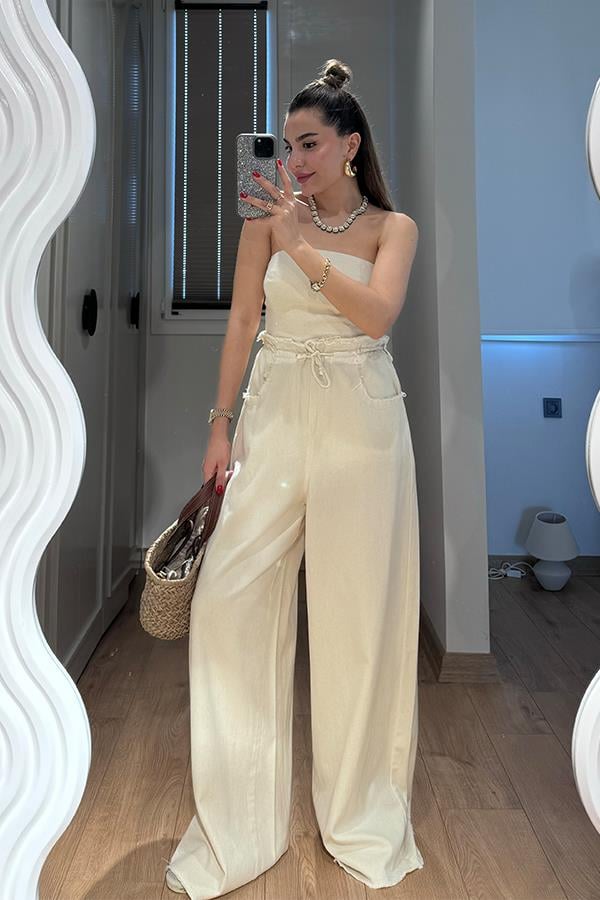 Holiday Yıkamalı Crop Pantolon Takım - Krem