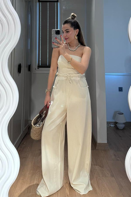 Holiday Yıkamalı Crop Pantolon Takım - Krem