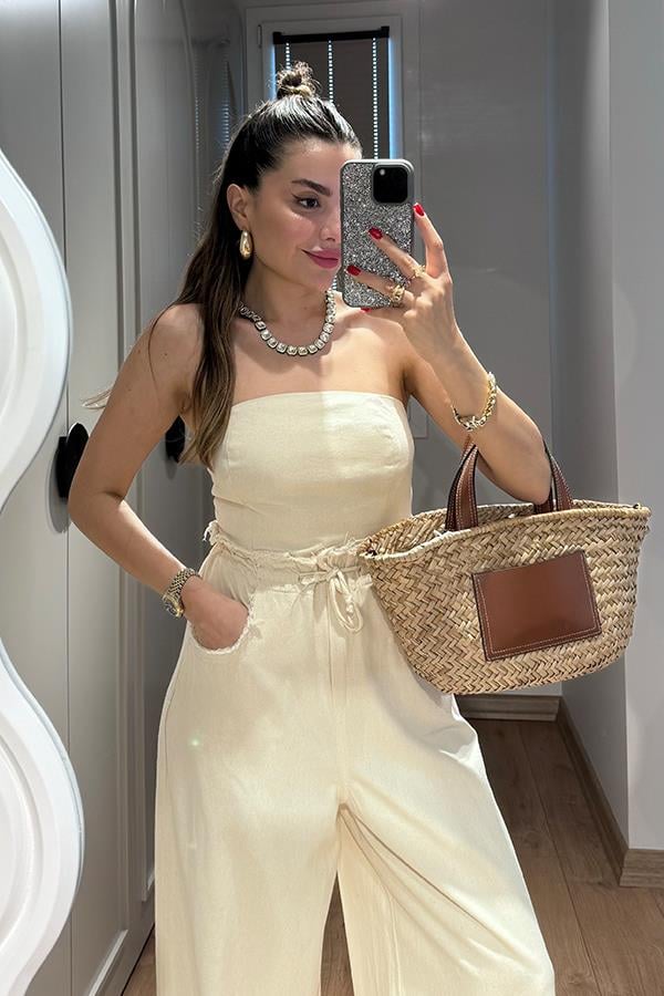 Holiday Yıkamalı Crop Pantolon Takım - Krem