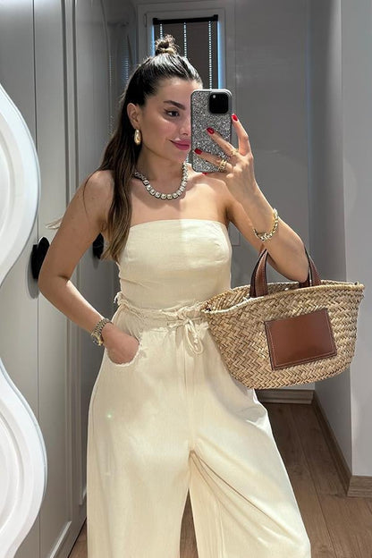 Holiday Yıkamalı Crop Pantolon Takım - Krem