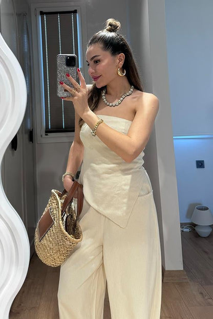 Holiday Yıkamalı Crop Pantolon Takım - Krem