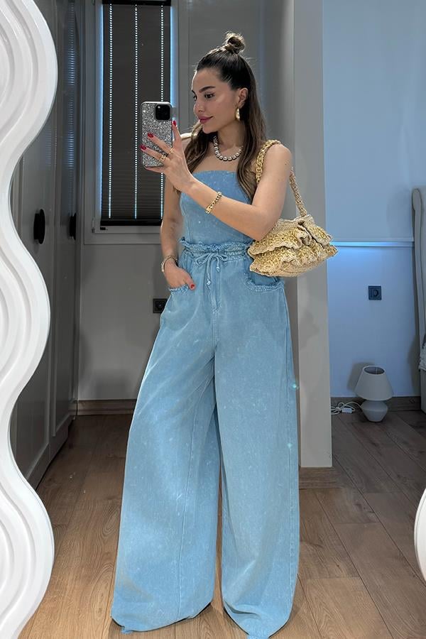 Holiday Yıkamalı Crop Pantolon Takım - Mavi