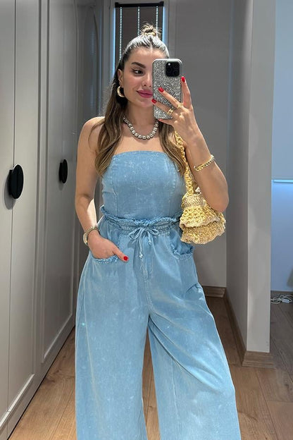 Holiday Yıkamalı Crop Pantolon Takım - Mavi