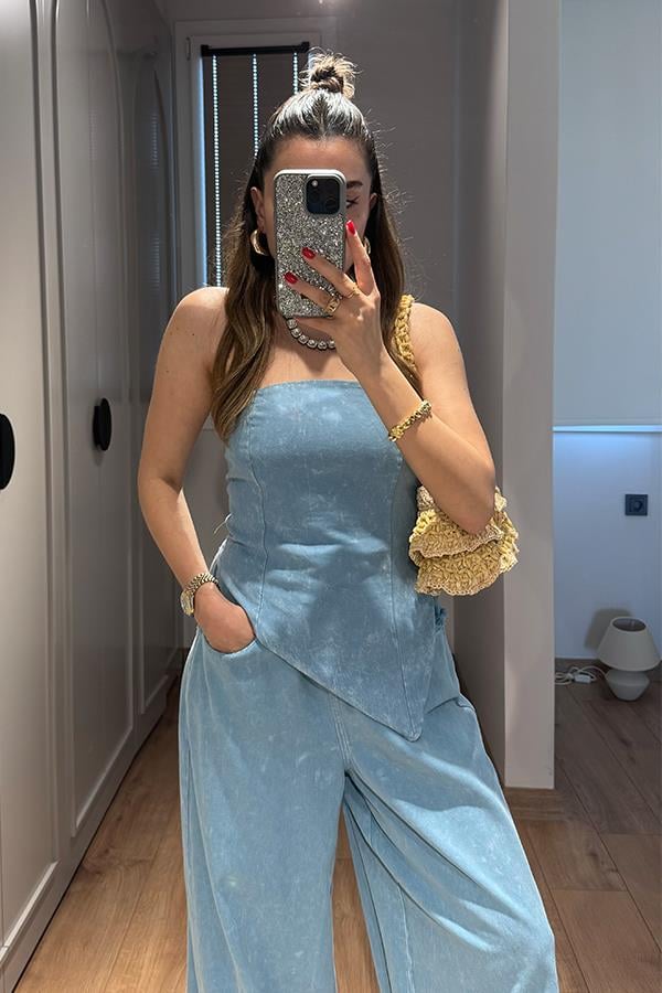 Holiday Yıkamalı Crop Pantolon Takım - Mavi