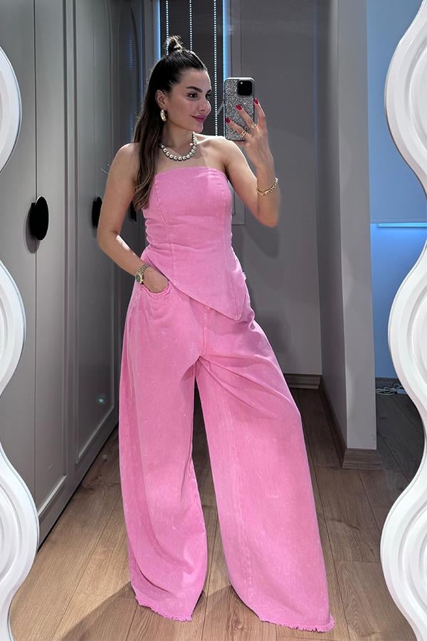 Holiday Yıkamalı Crop Pantolon Takım - Pembe