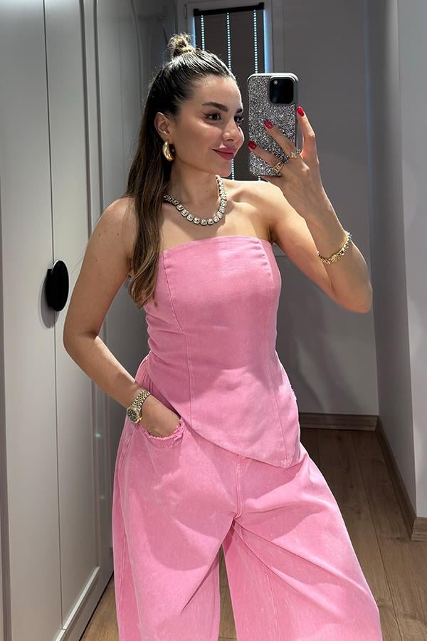 Holiday Yıkamalı Crop Pantolon Takım - Pembe