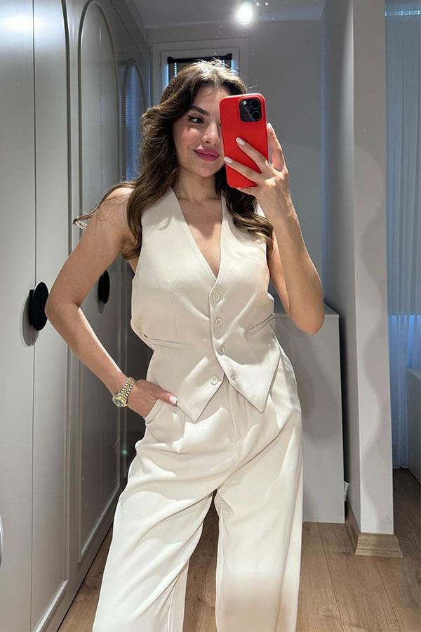 Holland Arkası Çapraz Yelek -Bej