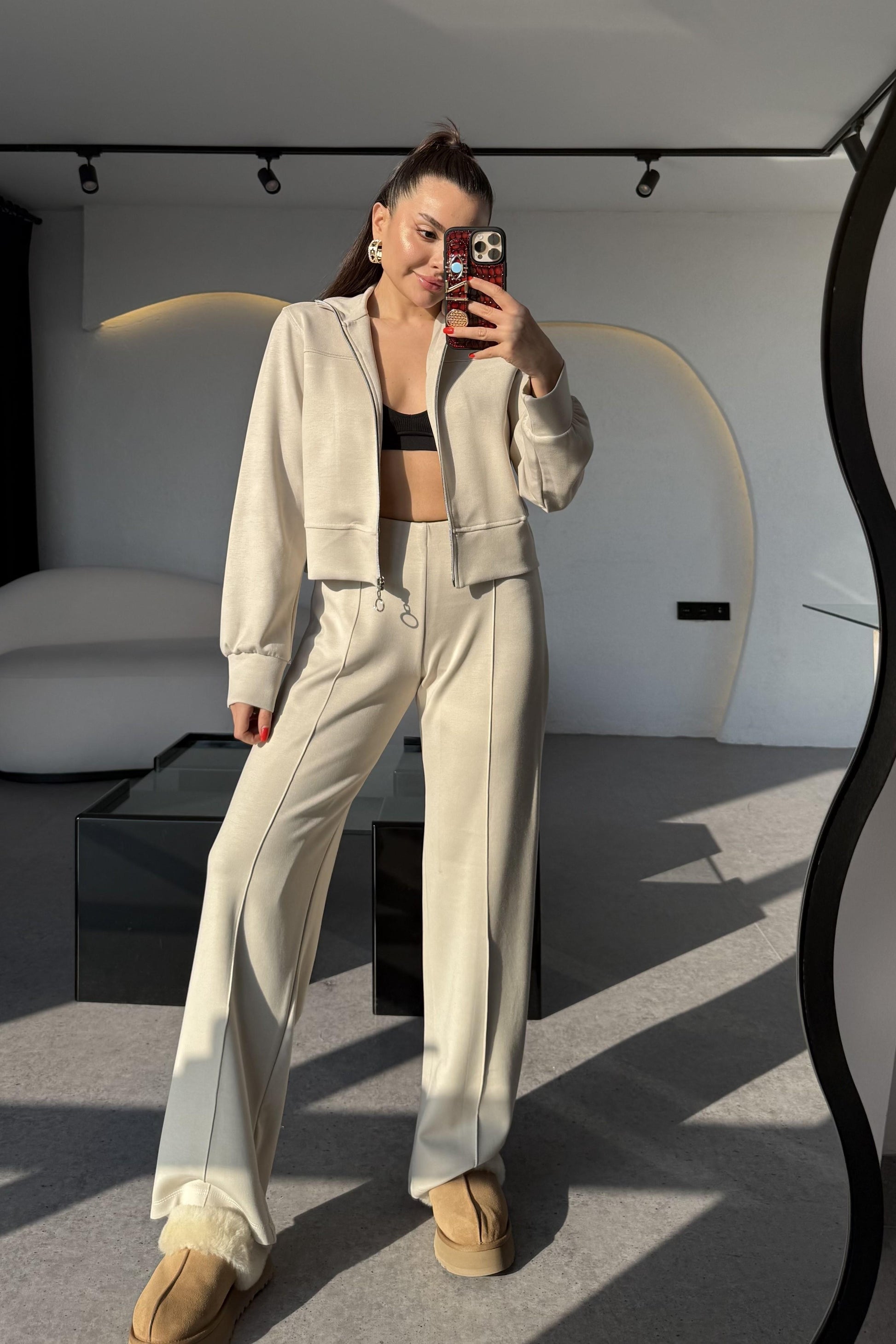 Honey Krem Fermuarlı Modal Takım