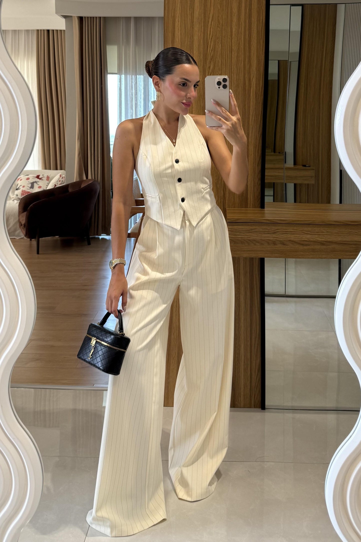 Hopy Sırt Dekolteli Çizgili Yelek Pantolon Takım