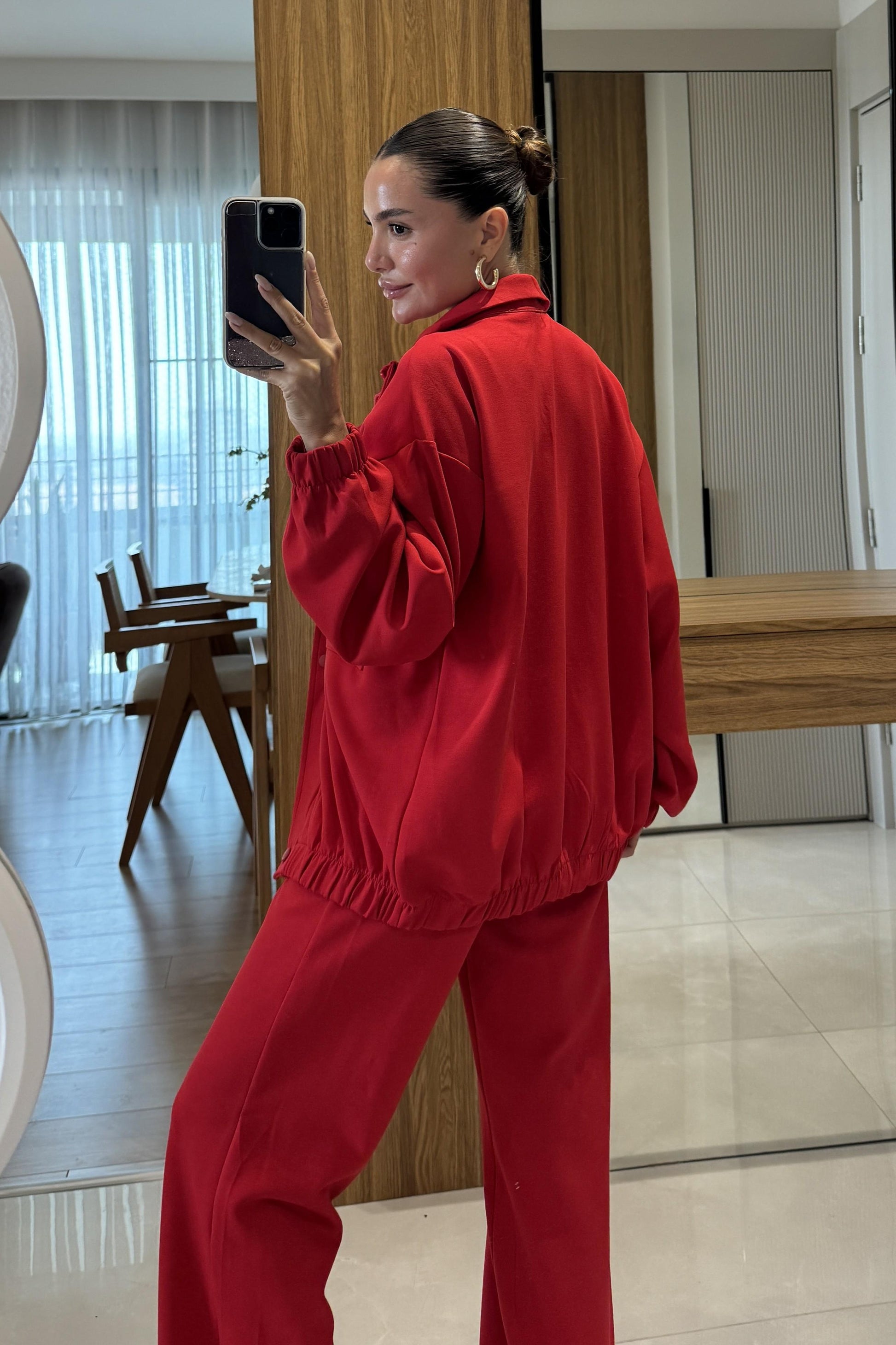 Hors Kırmızı Fermuarlı Cepli Bomber Oversize Eşofman Takımı