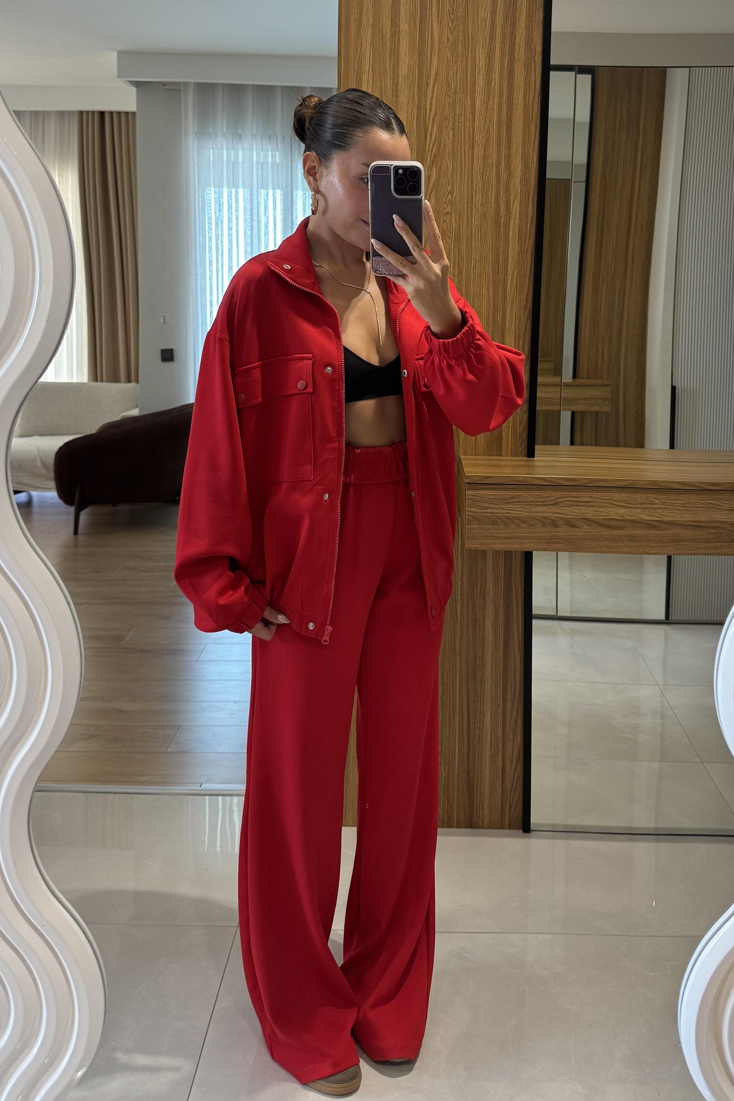 Hors Kırmızı Fermuarlı Cepli Bomber Oversize Eşofman Takımı