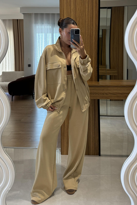 Hors Krem Fermuarlı Cepli Bomber Oversize Eşofman Takımı