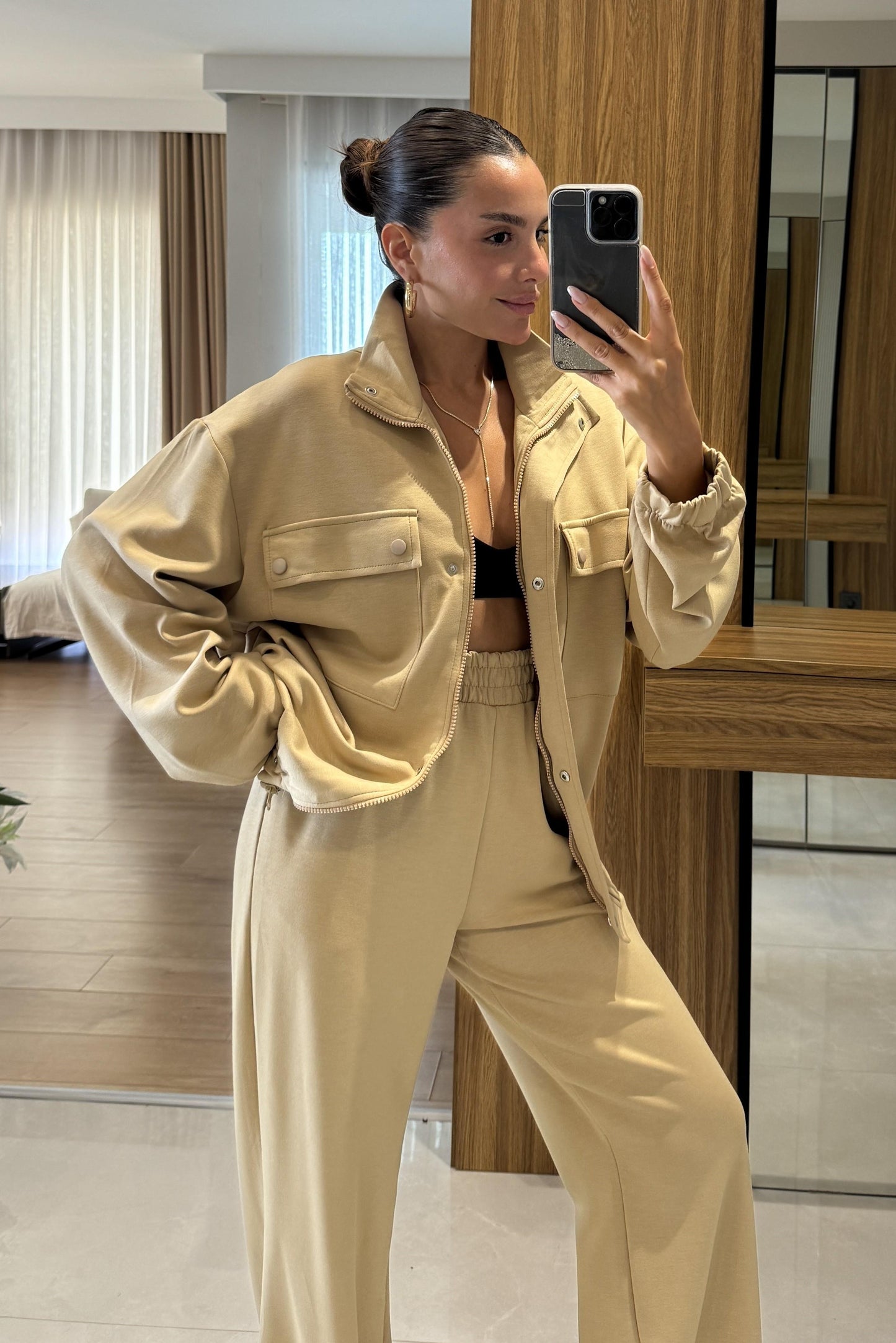 Hors Krem Fermuarlı Cepli Bomber Oversize Eşofman Takımı