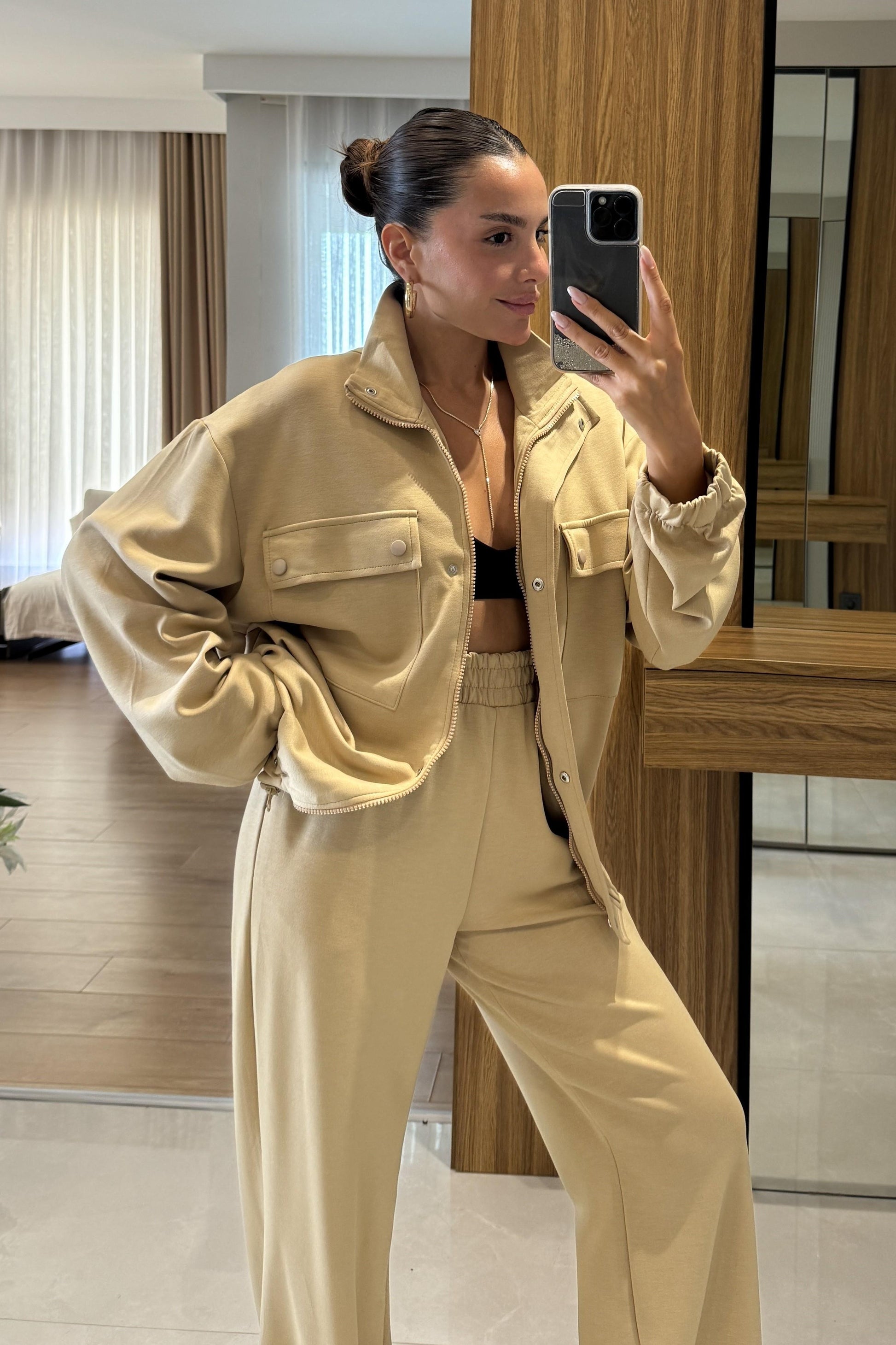 Hors Krem Fermuarlı Cepli Bomber Oversize Eşofman Takımı