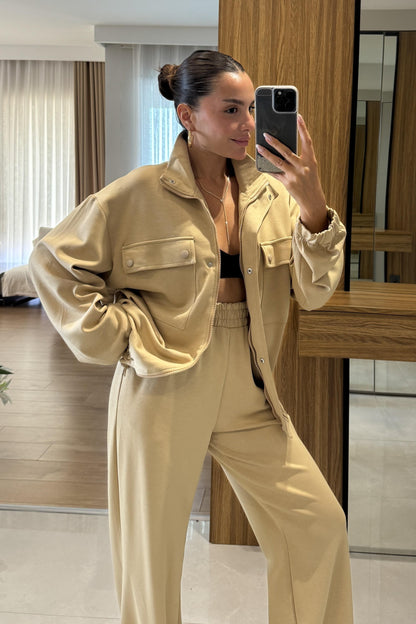 Hors Krem Fermuarlı Cepli Bomber Oversize Eşofman Takımı