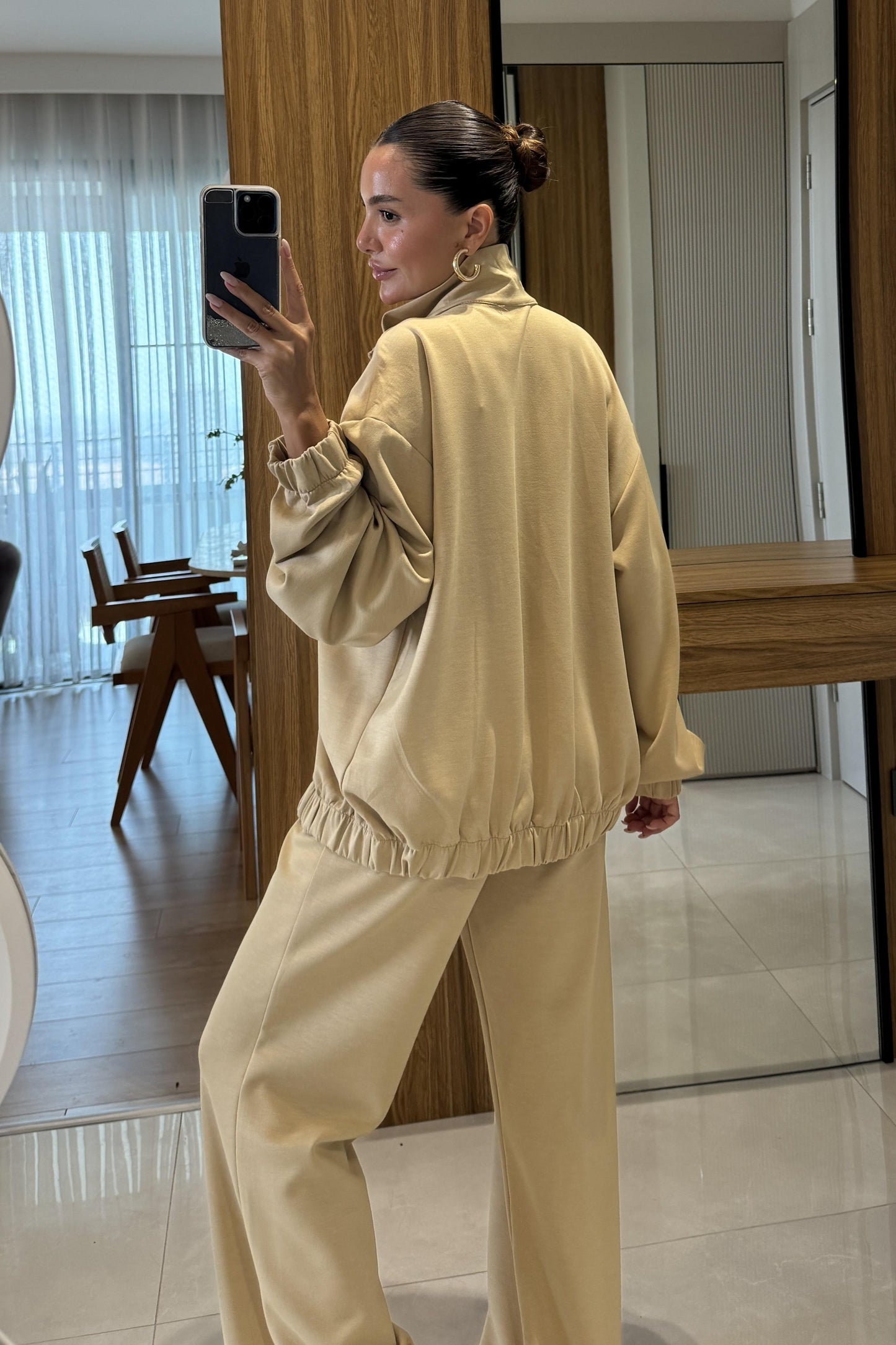 Hors Krem Fermuarlı Cepli Bomber Oversize Eşofman Takımı