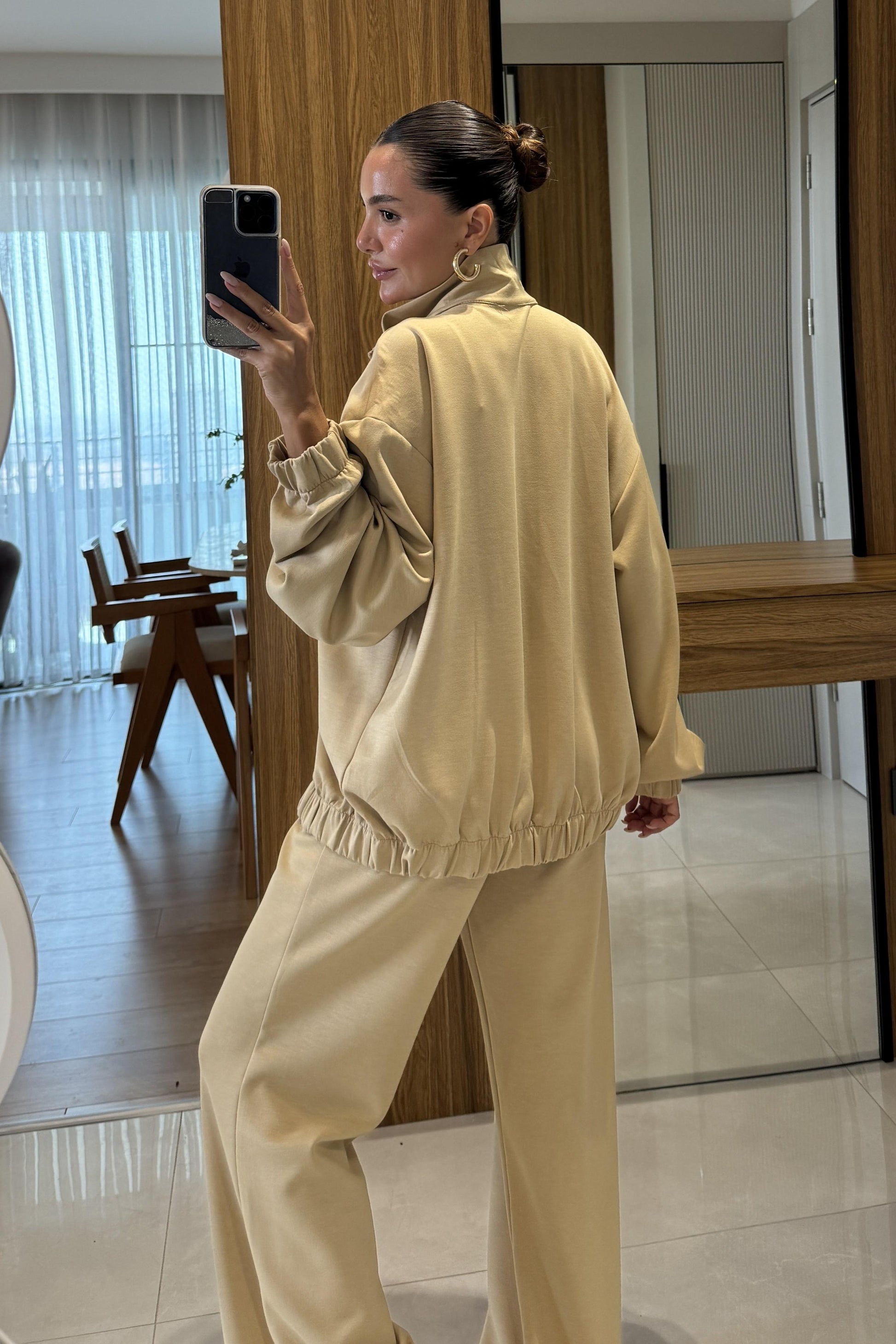 Hors Krem Fermuarlı Cepli Bomber Oversize Eşofman Takımı