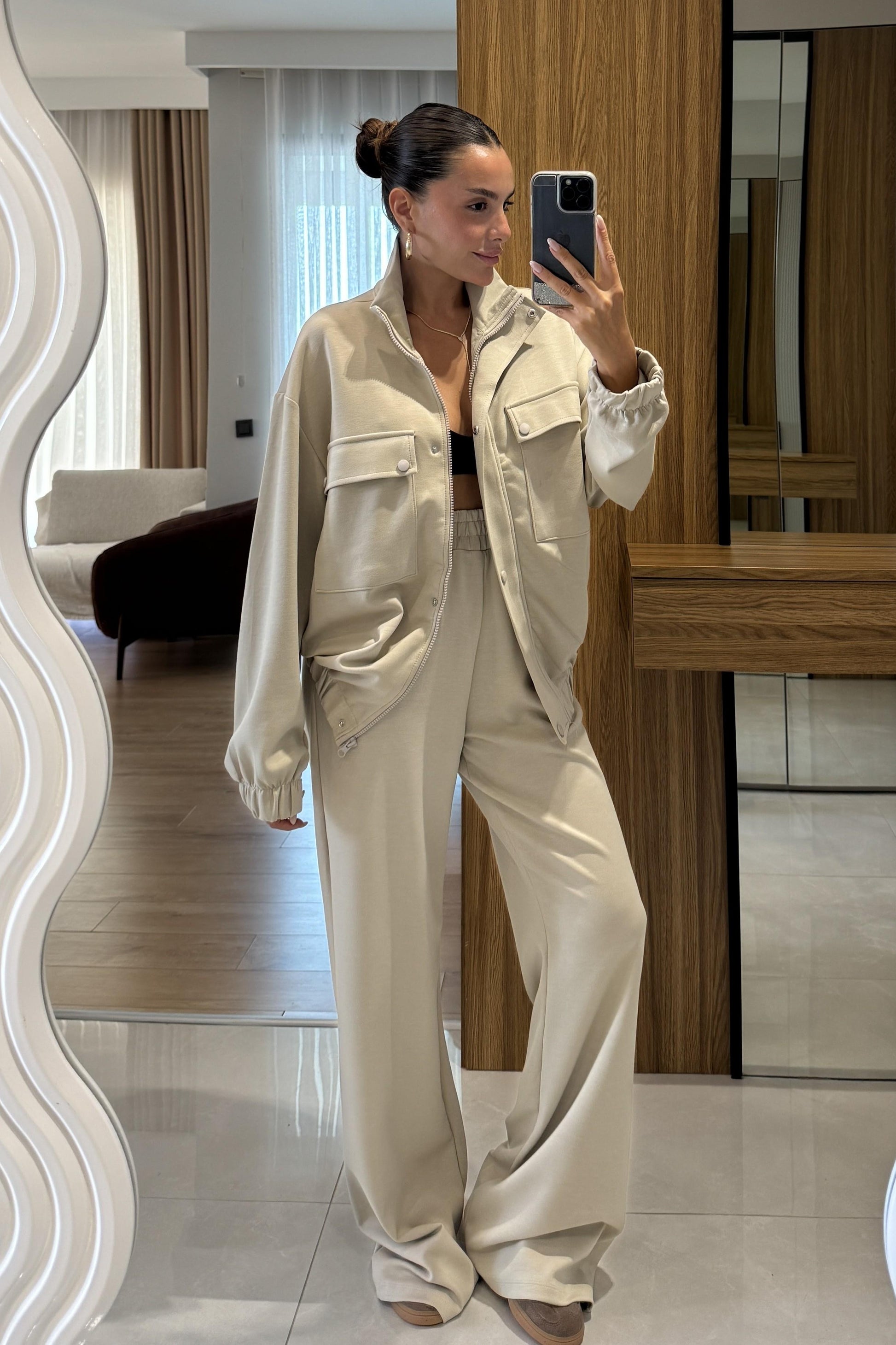 Hors Taş Fermuarlı Cepli Bomber Oversize Eşofman Takımı