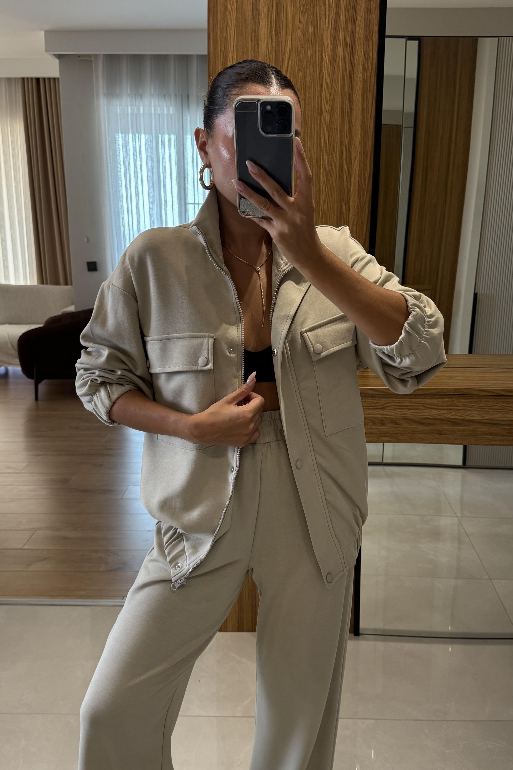 Hors Taş Fermuarlı Cepli Bomber Oversize Eşofman Takımı