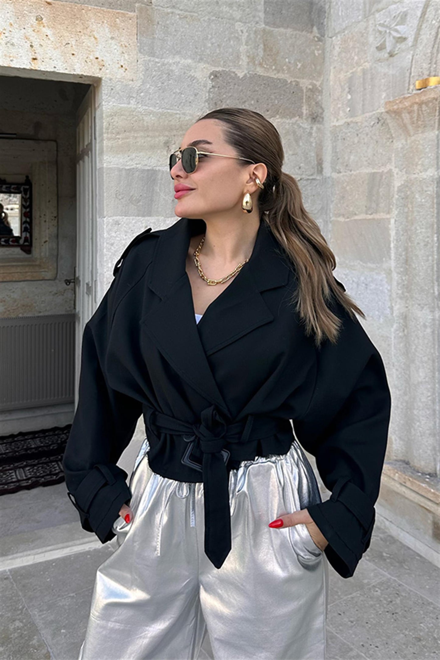 India Reglan Kısa Trençkot - Siyah