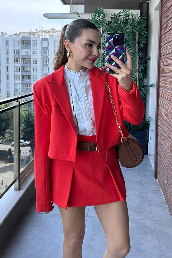 İnverno Kemerli Şort Etek Ceket Takım - Kırmızı