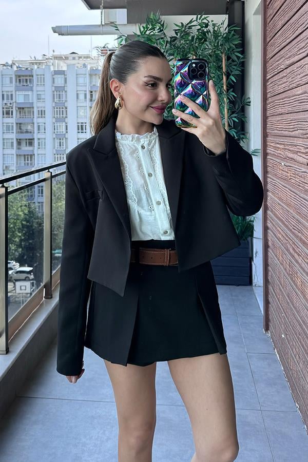 İnverno Kemerli Şort Etek Ceket Takım - Siyah