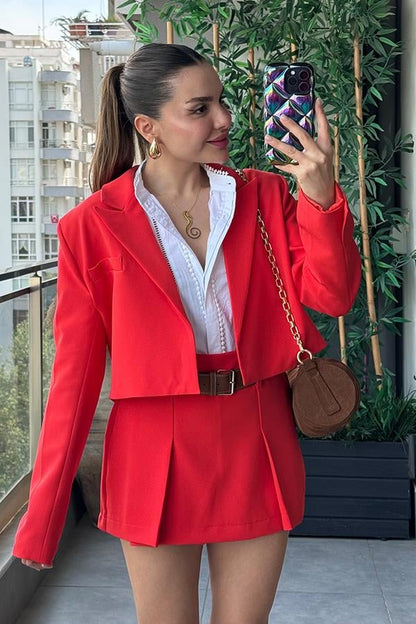 İnverno Kemerli Şort Etek Ceket Takım - Kırmızı