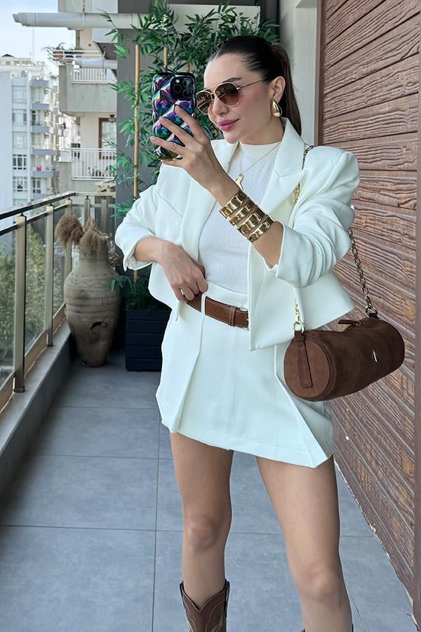 İnverno Kemerli Şort Etek Ceket Takım - Beyaz