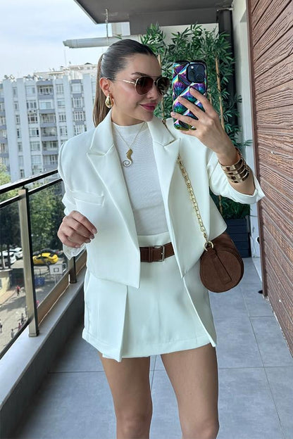 İnverno Kemerli Şort Etek Ceket Takım - Beyaz