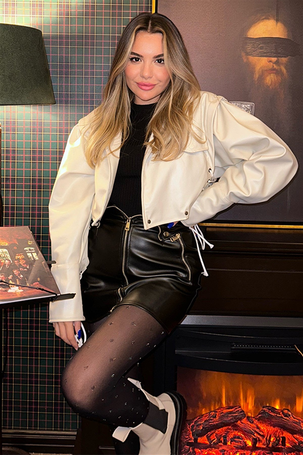 İp detaylı ekru deri bomber ceket