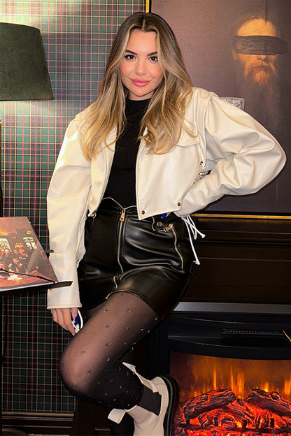 İp detaylı ekru deri bomber ceket