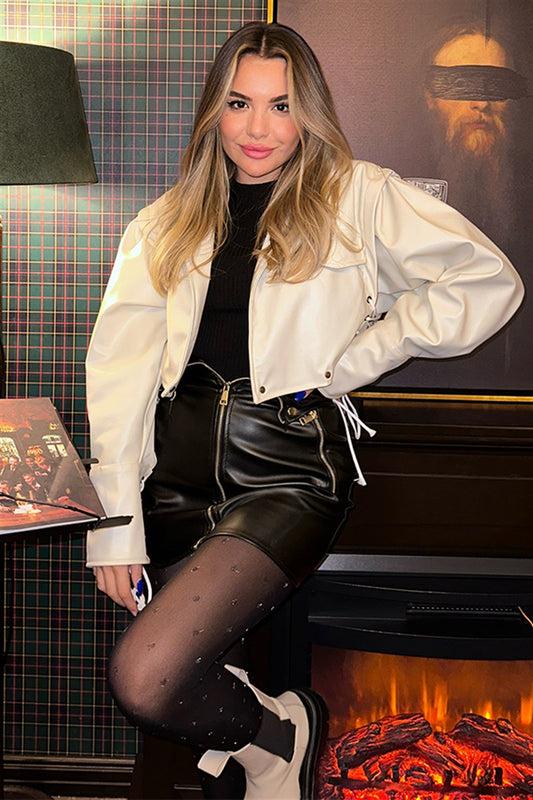 İp detaylı ekru deri bomber ceket