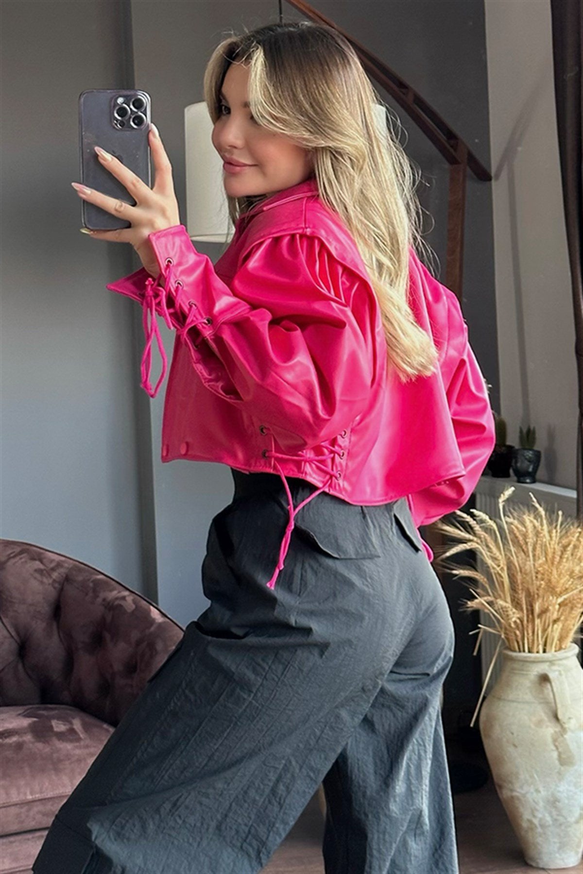 İp detaylı pembe deri bomber ceket