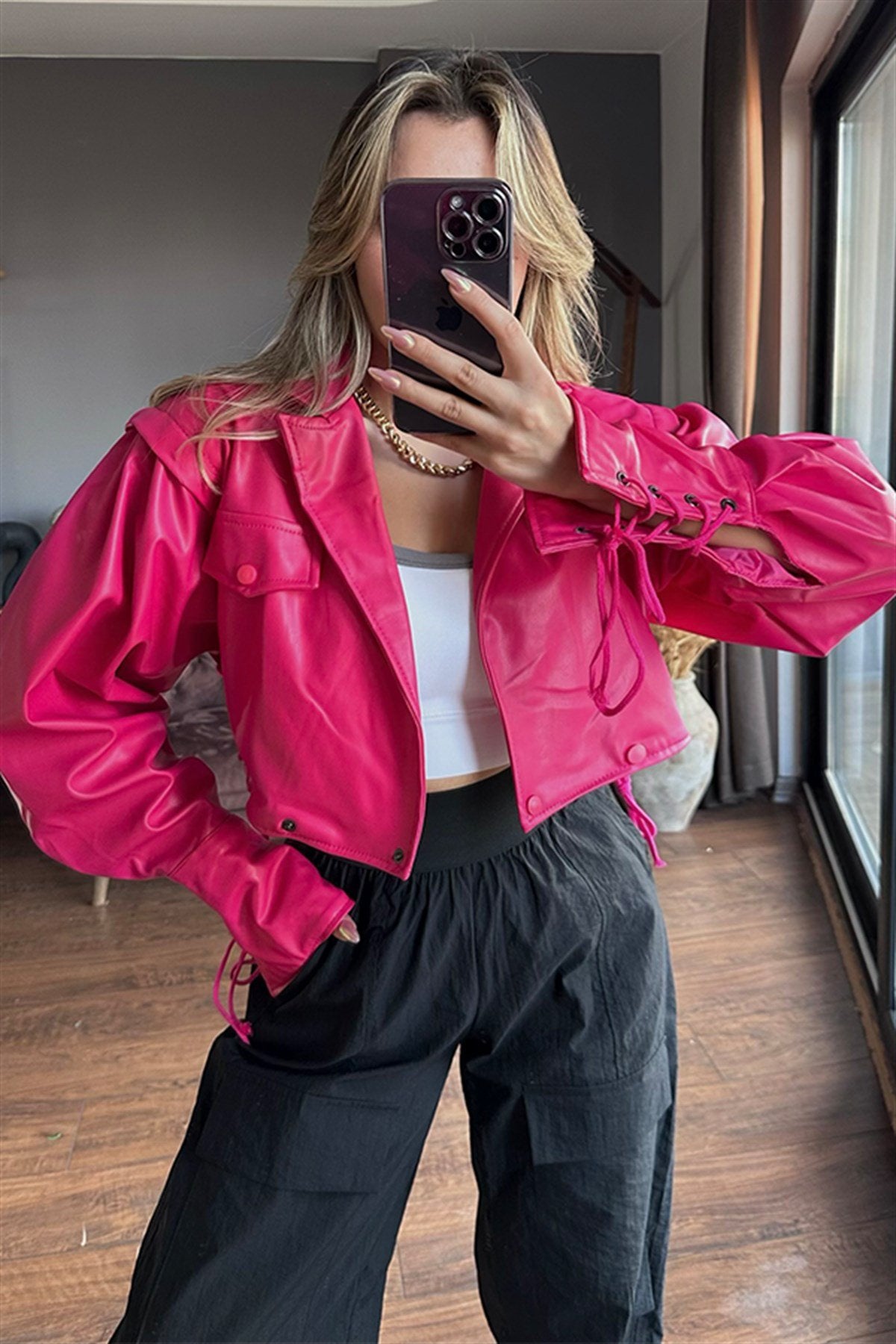 İp detaylı pembe deri bomber ceket