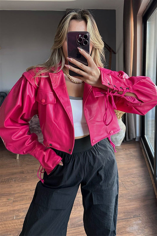 İp detaylı pembe deri bomber ceket
