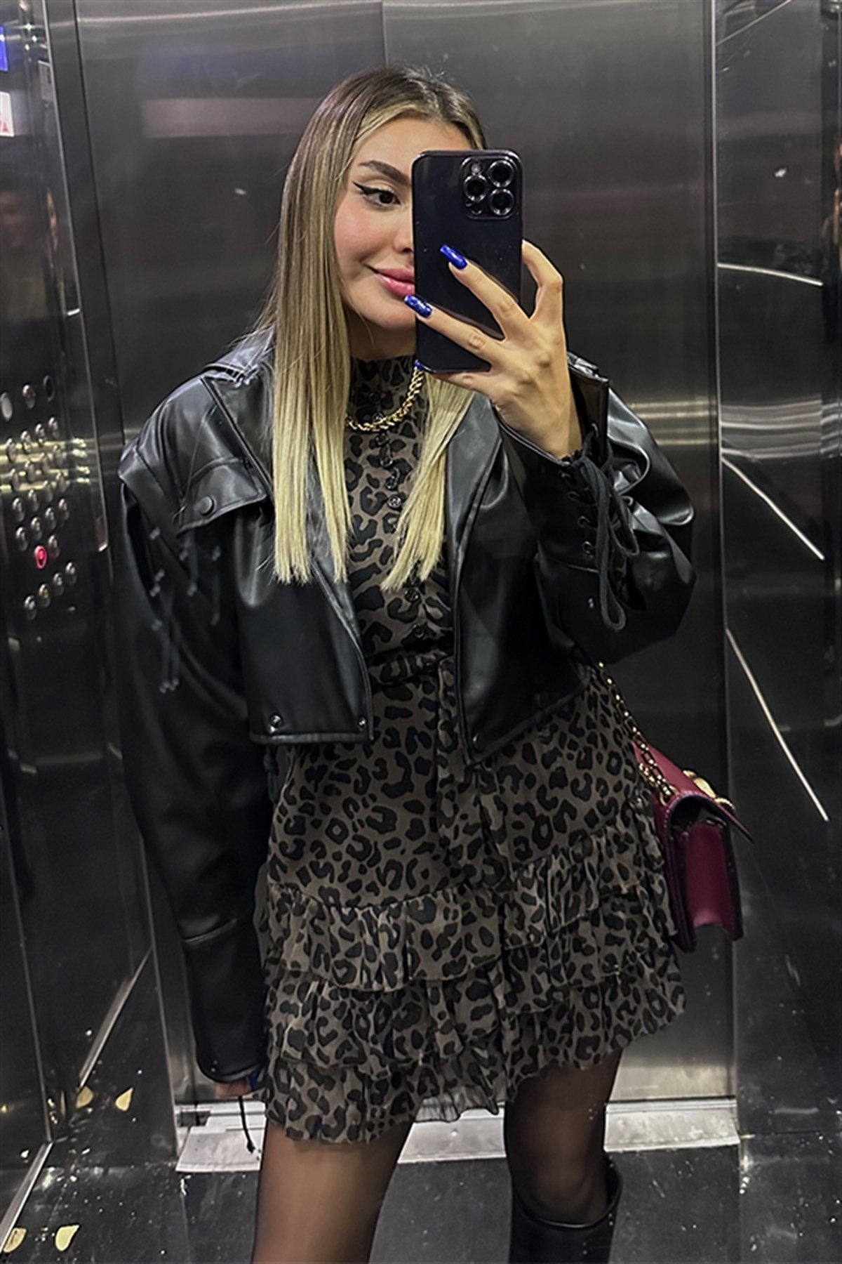 İp detaylı siyah deri bomber ceket