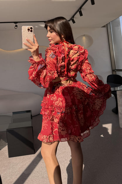 Isabell Kırmızı Arkası Dekolteli Çiçek Desen Elbise