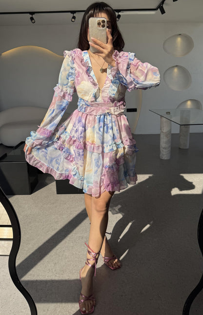 Isabell Mavi Arkası Dekolteli Çiçek Desen Elbise