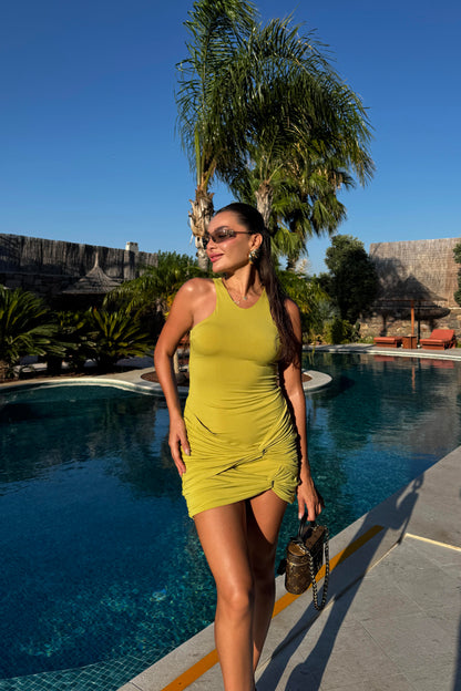 Isla Yağ Yeşili Vücudu Saran Mini Elbise