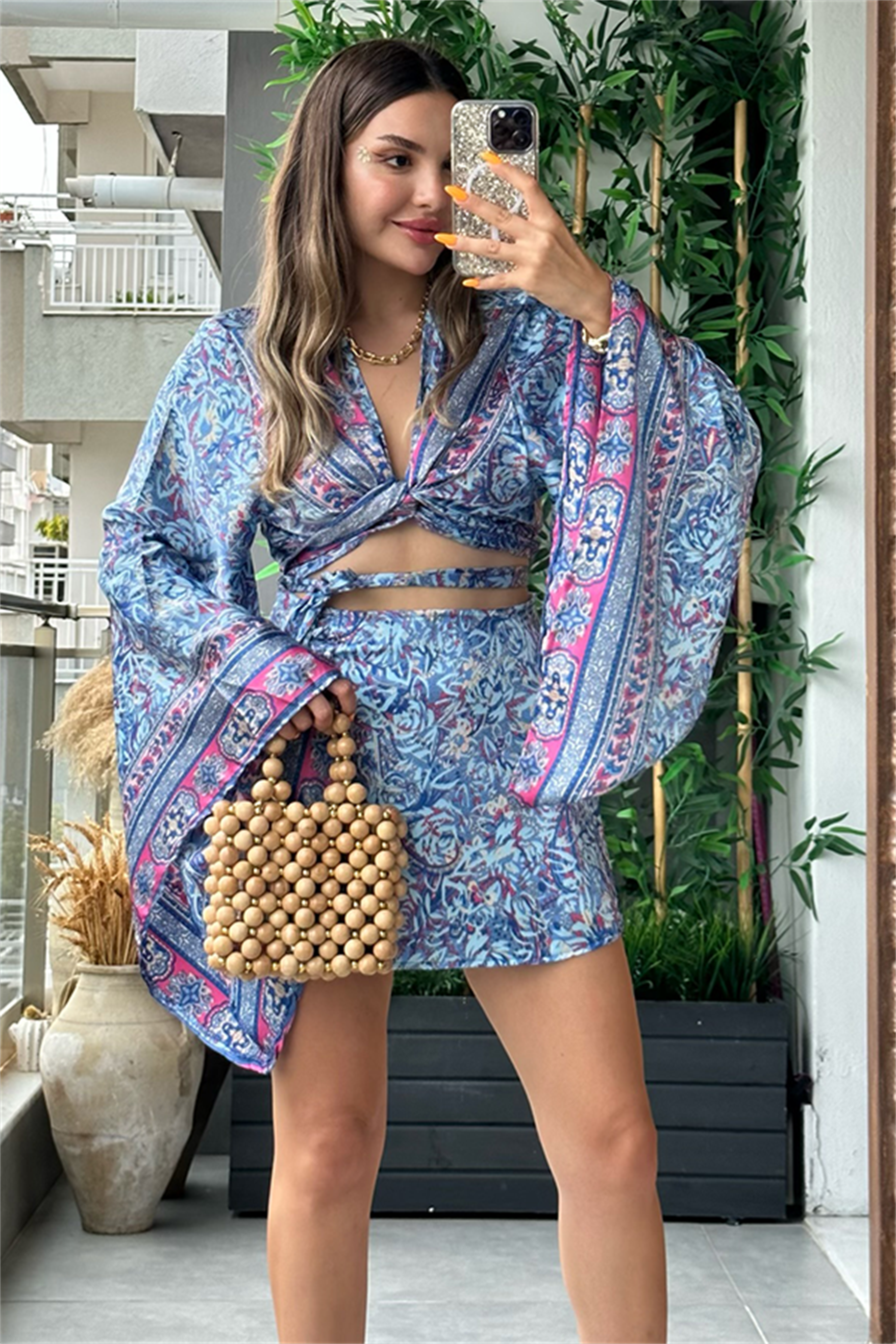 İspanyol kol etnik desenli saten takım