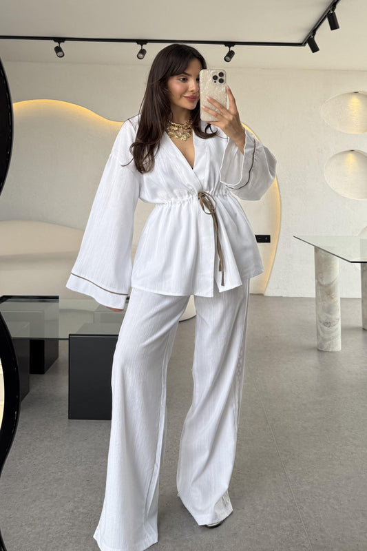 İvana Beyaz Premium Kimonolu Keten Takım