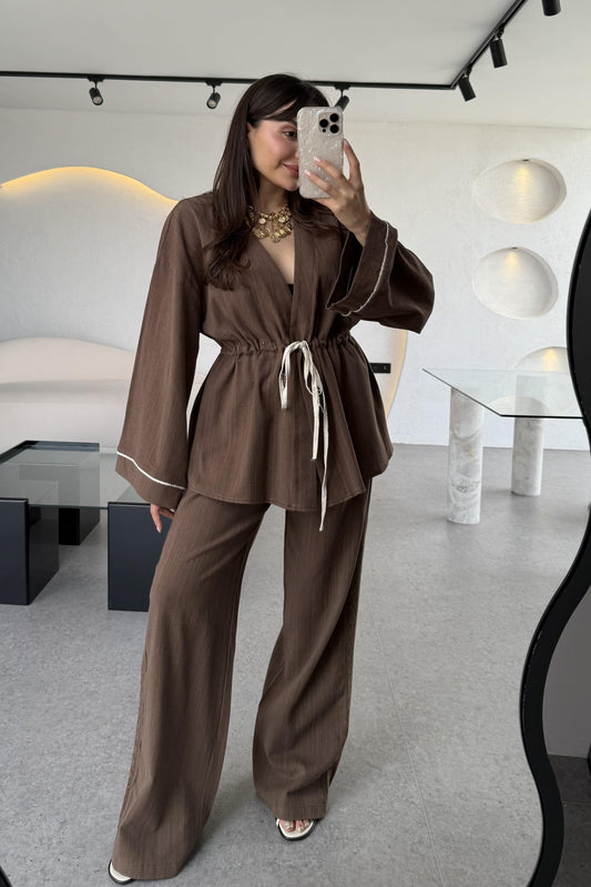 İvana Kahve Premium Kimonolu Keten Takım