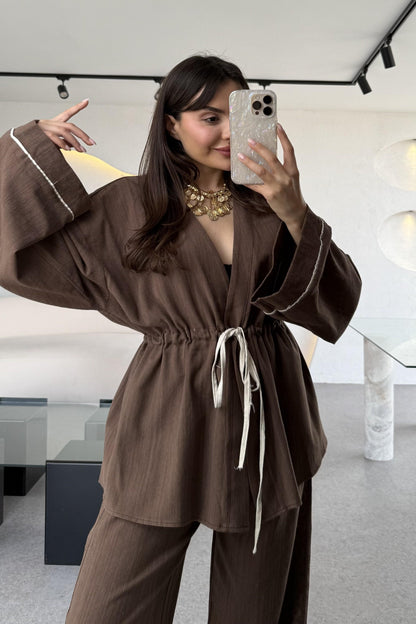 İvana Kahve Premium Kimonolu Keten Takım