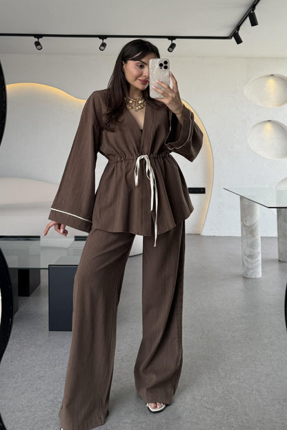 İvana Kahve Premium Kimonolu Keten Takım