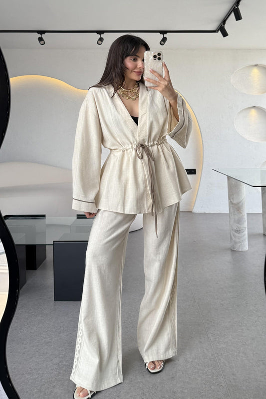 İvana Naturel Premium Kimonolu Keten Takım